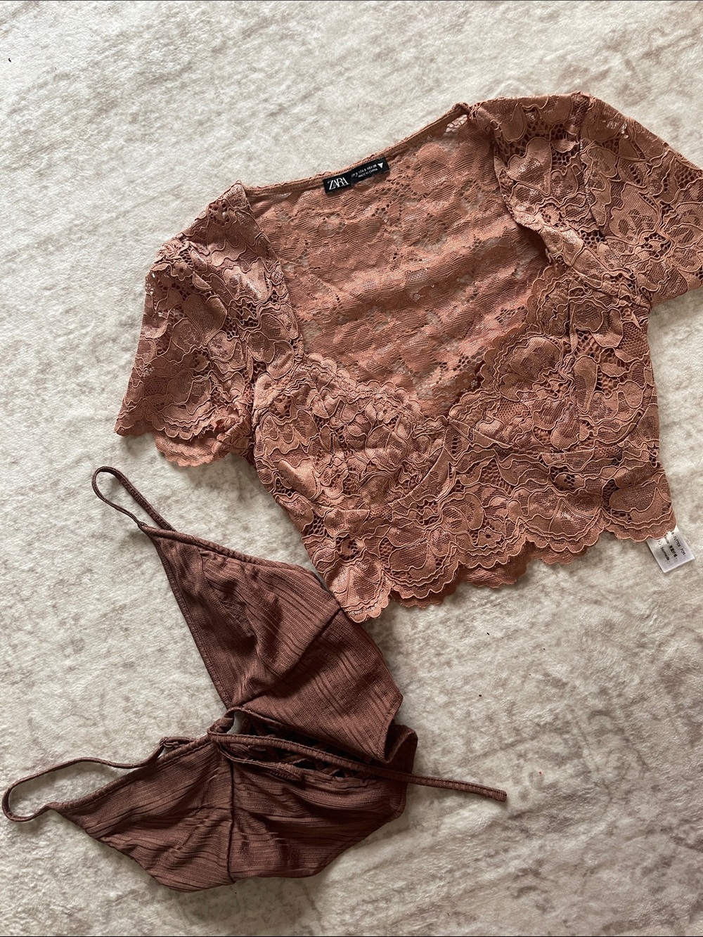 ZARA Rosewood Lace Crop Top with Brown Ribbed Bralette Urban Outfitters